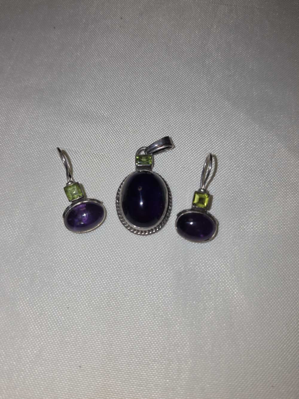 Mexico Sterling Silver Amethyst and Peridot Pendant & Earrings Set